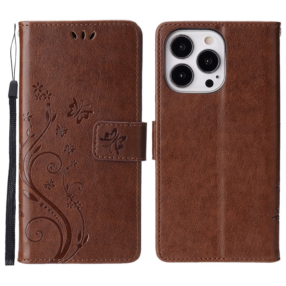 For iPhone 16 Pro Max Case Leather Phone Cover Butterfly Flower Pattern