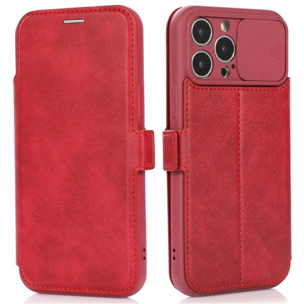 For iPhone 14 Pro Max PU Leather Stand Card Holder Case Shockproof Magnetic Clasp Phone Cover with Slide Camera Protection