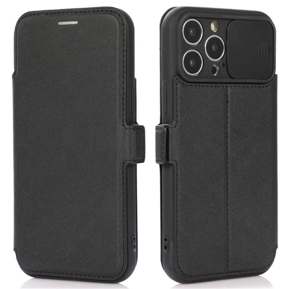 For iPhone 14 Pro Max PU Leather Stand Card Holder Case Shockproof Magnetic Clasp Phone Cover with Slide Camera Protection