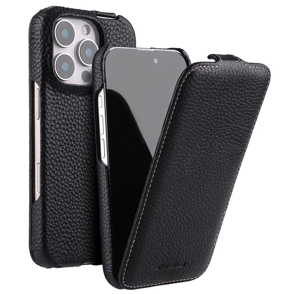 MELKCO For iPhone 16 Pro Max Case Compatible with MagSafe Vertical Flip Genuine Cow Leather + PC Phone Cover