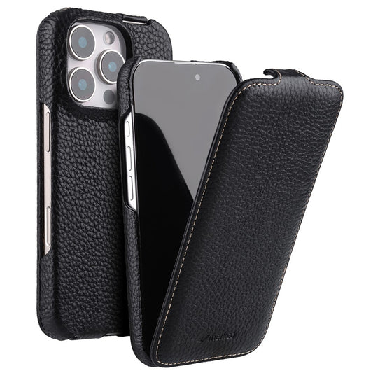 MELKCO For iPhone 16 Pro Max Case Compatible with MagSafe Vertical Flip Genuine Cow Leather + PC Phone Cover