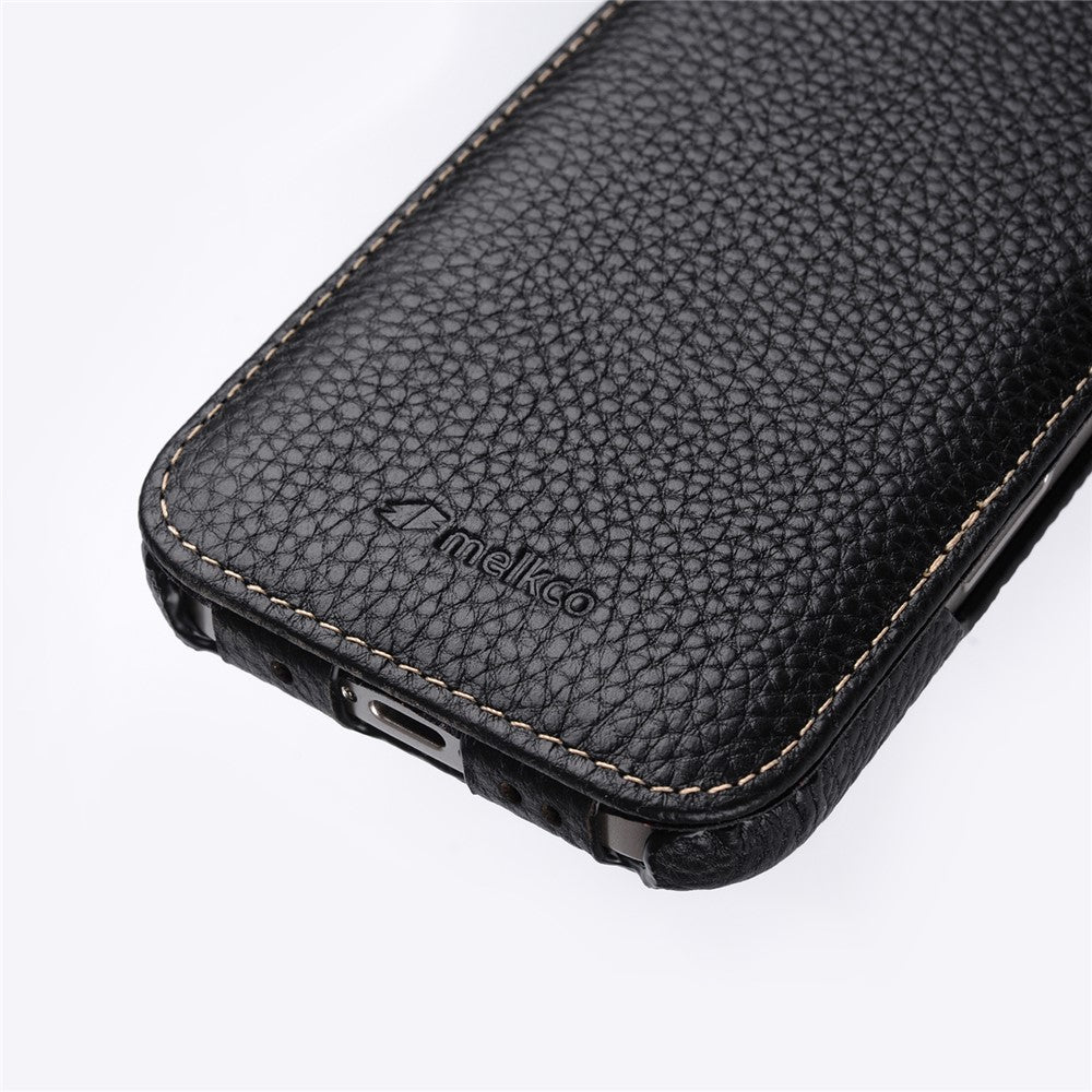 MELKCO For iPhone 16 Pro Max Case Compatible with MagSafe Vertical Flip Genuine Cow Leather + PC Phone Cover