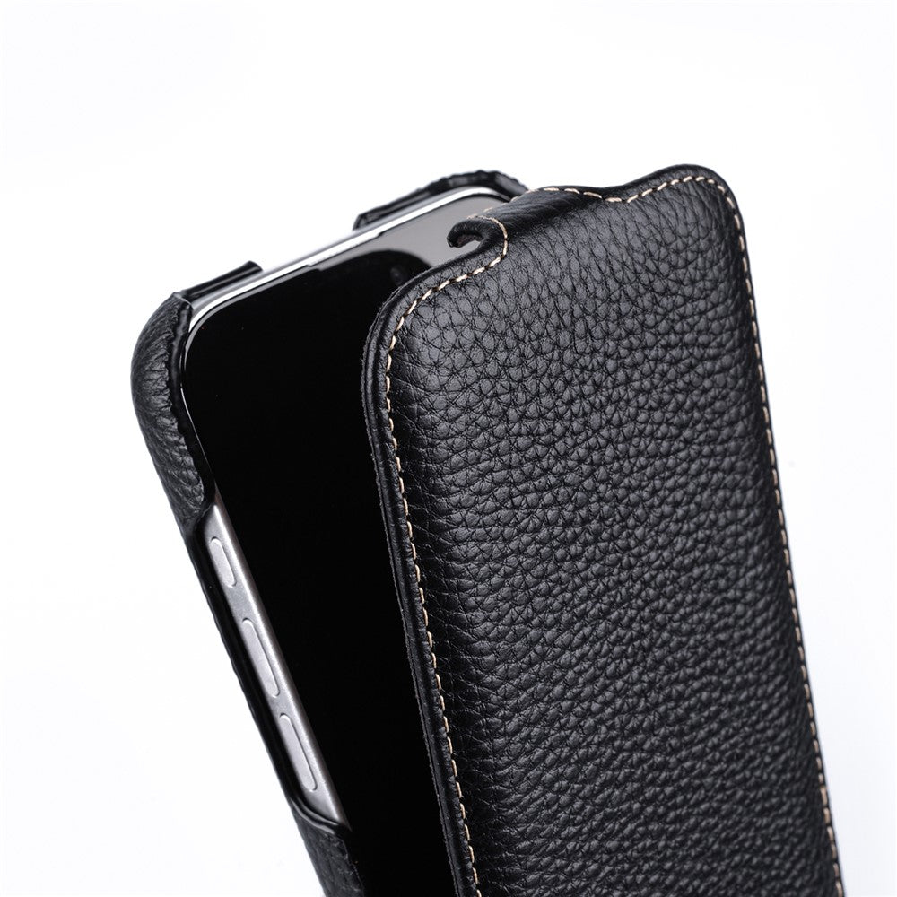 MELKCO For iPhone 16 Pro Max Case Compatible with MagSafe Vertical Flip Genuine Cow Leather + PC Phone Cover