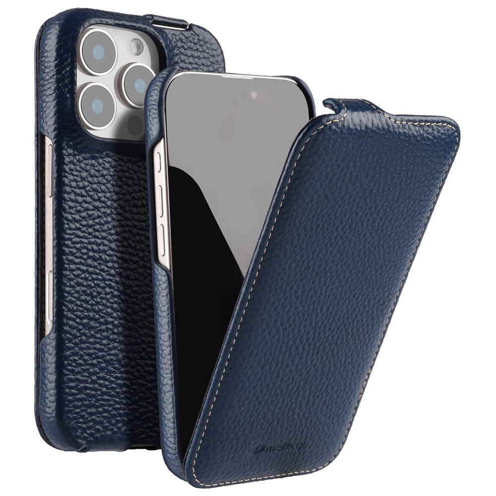 MELKCO For iPhone 16 Pro Max Case Compatible with MagSafe Vertical Flip Genuine Cow Leather + PC Phone Cover