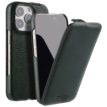 MELKCO For iPhone 16 Pro Max Case Compatible with MagSafe Vertical Flip Genuine Cow Leather + PC Phone Cover