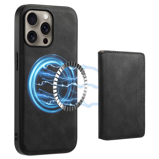 DENIOR D13 For iPhone 16 Pro Magnetic Case Card Holder Leather Coated PC+TPU Phone Cover