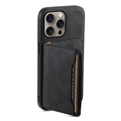 DENIOR D13 For iPhone 16 Pro Magnetic Case Card Holder Leather Coated PC+TPU Phone Cover