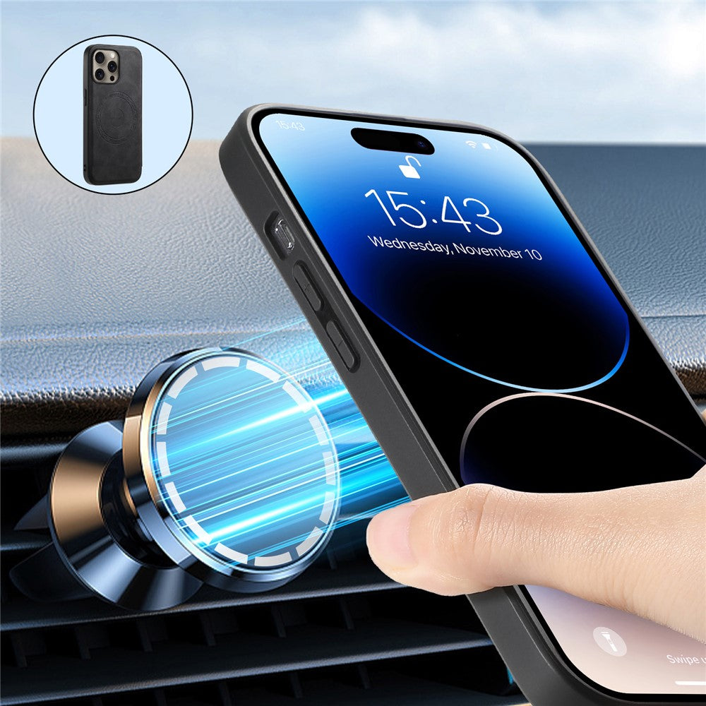 DENIOR D13 For iPhone 16 Pro Magnetic Case Card Holder Leather Coated PC+TPU Phone Cover