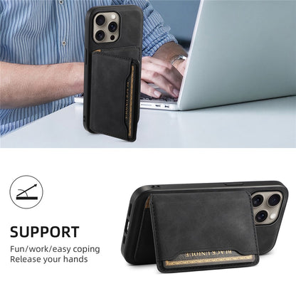 DENIOR D13 For iPhone 16 Pro Magnetic Case Card Holder Leather Coated PC+TPU Phone Cover