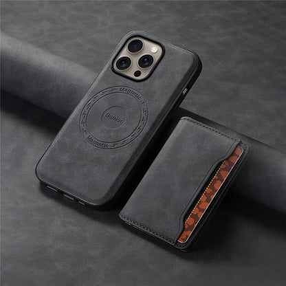 DENIOR D13 For iPhone 16 Pro Magnetic Case Card Holder Leather Coated PC+TPU Phone Cover