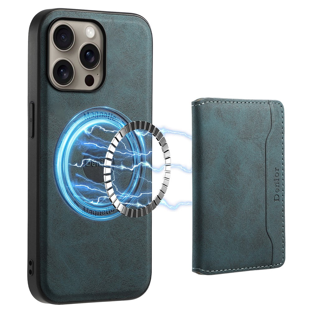 DENIOR D13 For iPhone 16 Pro Magnetic Case Card Holder Leather Coated PC+TPU Phone Cover