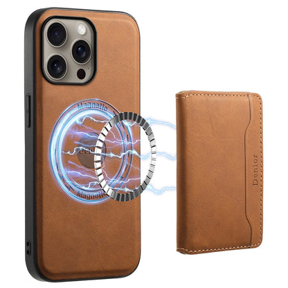 DENIOR D13 For iPhone 16 Pro Magnetic Case Card Holder Leather Coated PC+TPU Phone Cover