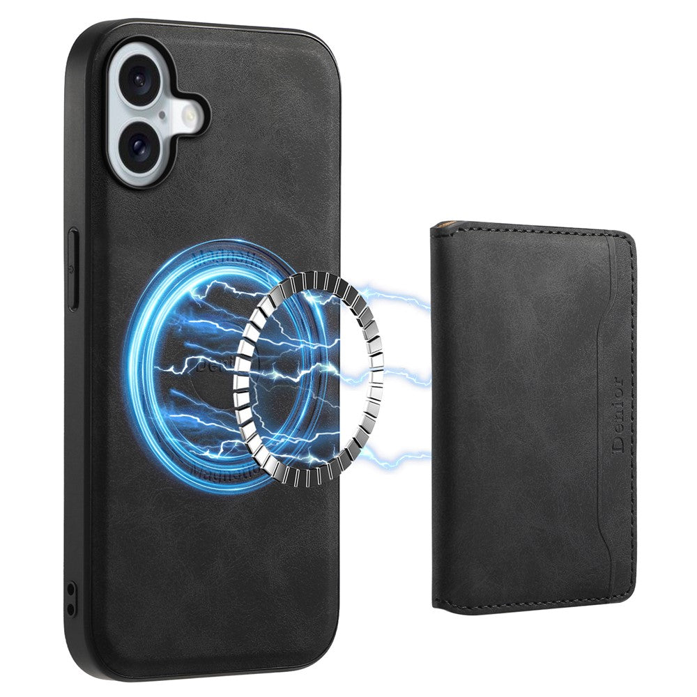 DENIOR D13 For iPhone 16 Magnetic Case Leather+PC+TPU Phone Cover Card Holder Kickstand