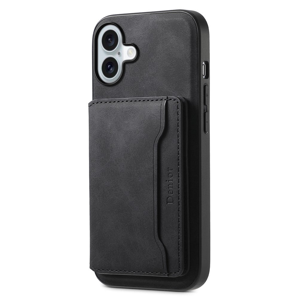 DENIOR D13 For iPhone 16 Magnetic Case Leather+PC+TPU Phone Cover Card Holder Kickstand
