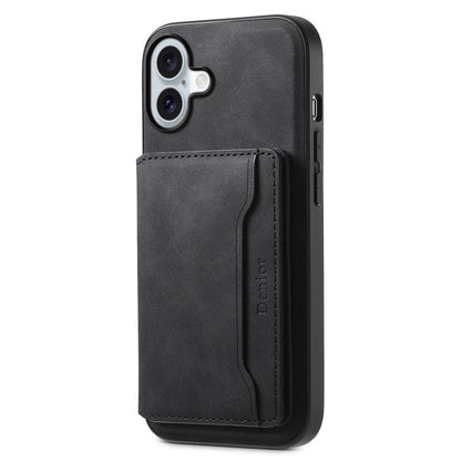 DENIOR D13 For iPhone 16 Magnetic Case Leather+PC+TPU Phone Cover Card Holder Kickstand