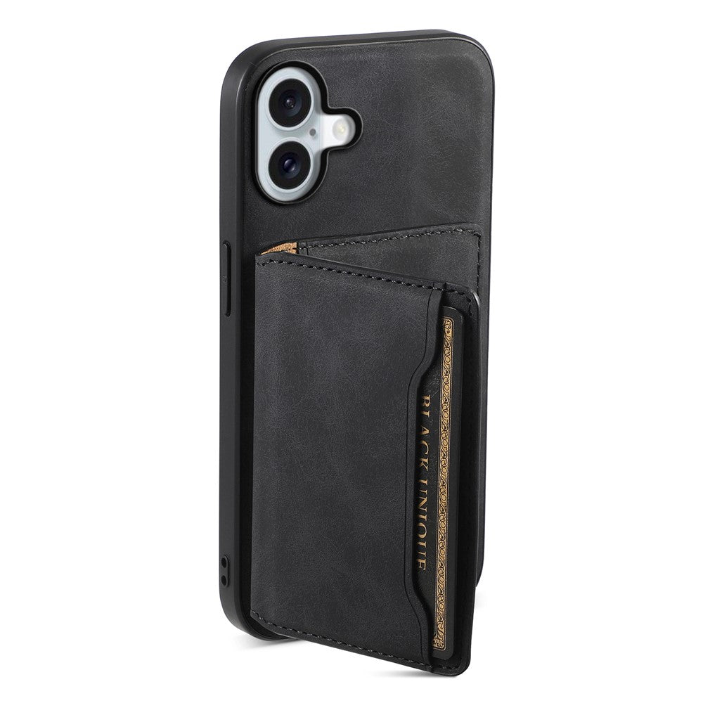 DENIOR D13 For iPhone 16 Magnetic Case Leather+PC+TPU Phone Cover Card Holder Kickstand