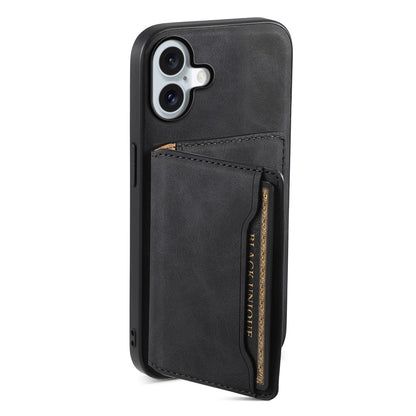 DENIOR D13 For iPhone 16 Magnetic Case Leather+PC+TPU Phone Cover Card Holder Kickstand