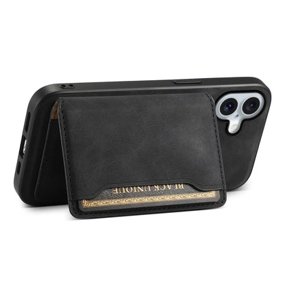 DENIOR D13 For iPhone 16 Magnetic Case Leather+PC+TPU Phone Cover Card Holder Kickstand