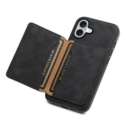 DENIOR D13 For iPhone 16 Magnetic Case Leather+PC+TPU Phone Cover Card Holder Kickstand