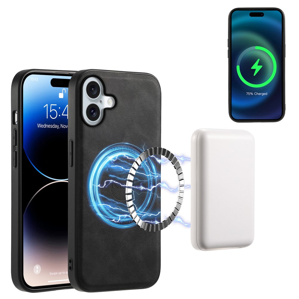 DENIOR D13 For iPhone 16 Magnetic Case Leather+PC+TPU Phone Cover Card Holder Kickstand