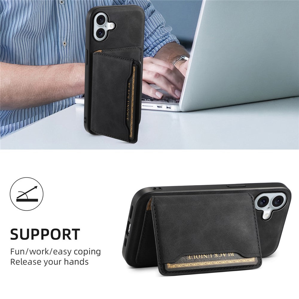 DENIOR D13 For iPhone 16 Magnetic Case Leather+PC+TPU Phone Cover Card Holder Kickstand