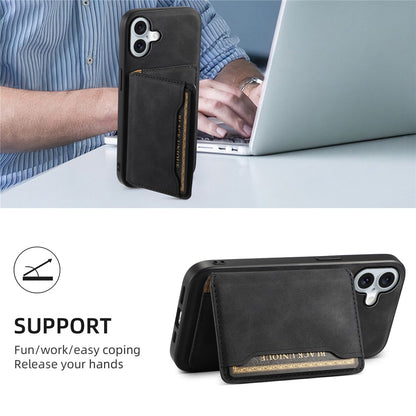 DENIOR D13 For iPhone 16 Magnetic Case Leather+PC+TPU Phone Cover Card Holder Kickstand