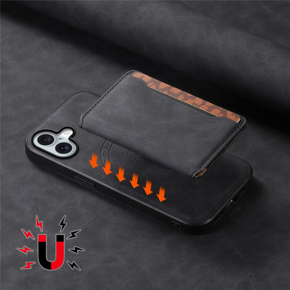 DENIOR D13 For iPhone 16 Magnetic Case Leather+PC+TPU Phone Cover Card Holder Kickstand