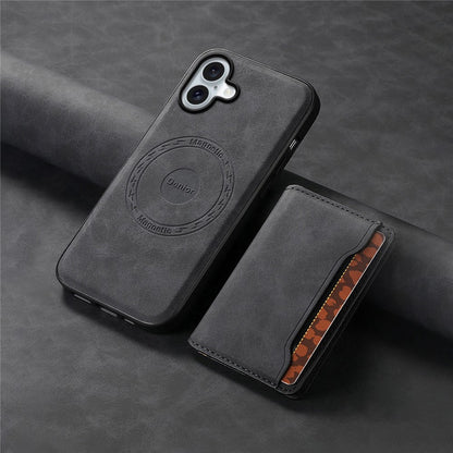 DENIOR D13 For iPhone 16 Magnetic Case Leather+PC+TPU Phone Cover Card Holder Kickstand