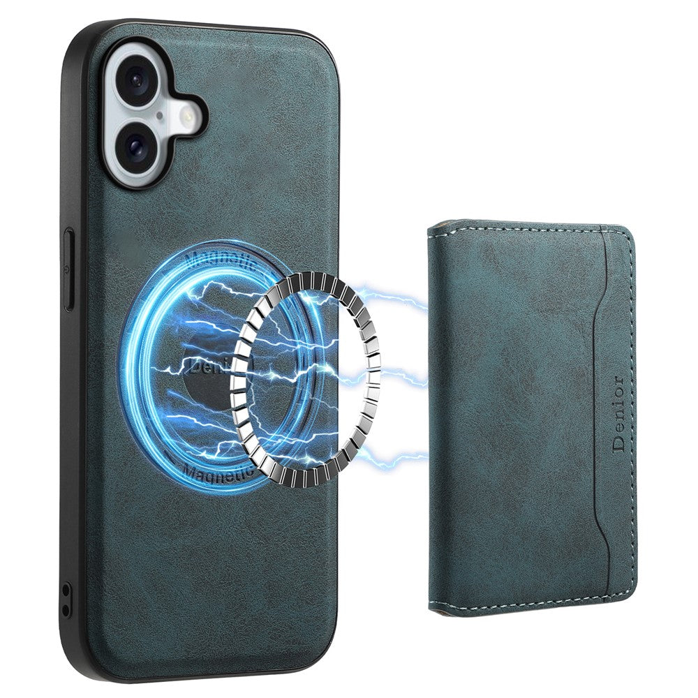 DENIOR D13 For iPhone 16 Magnetic Case Leather+PC+TPU Phone Cover Card Holder Kickstand