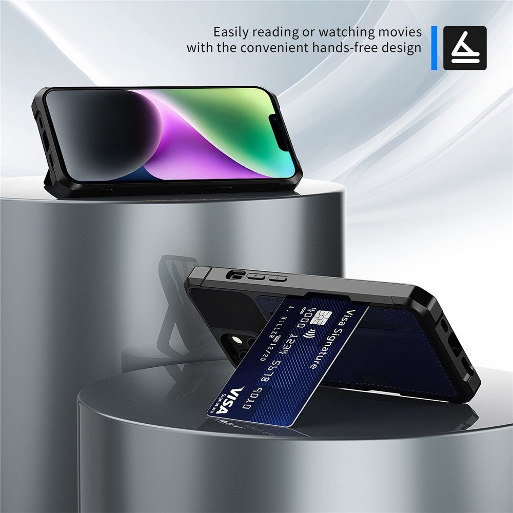 For iPhone 14 ZM02 Card Slot Phone Case Enhanced Corner PU Leather + TPU Cover with Car Mount Metal Sheet