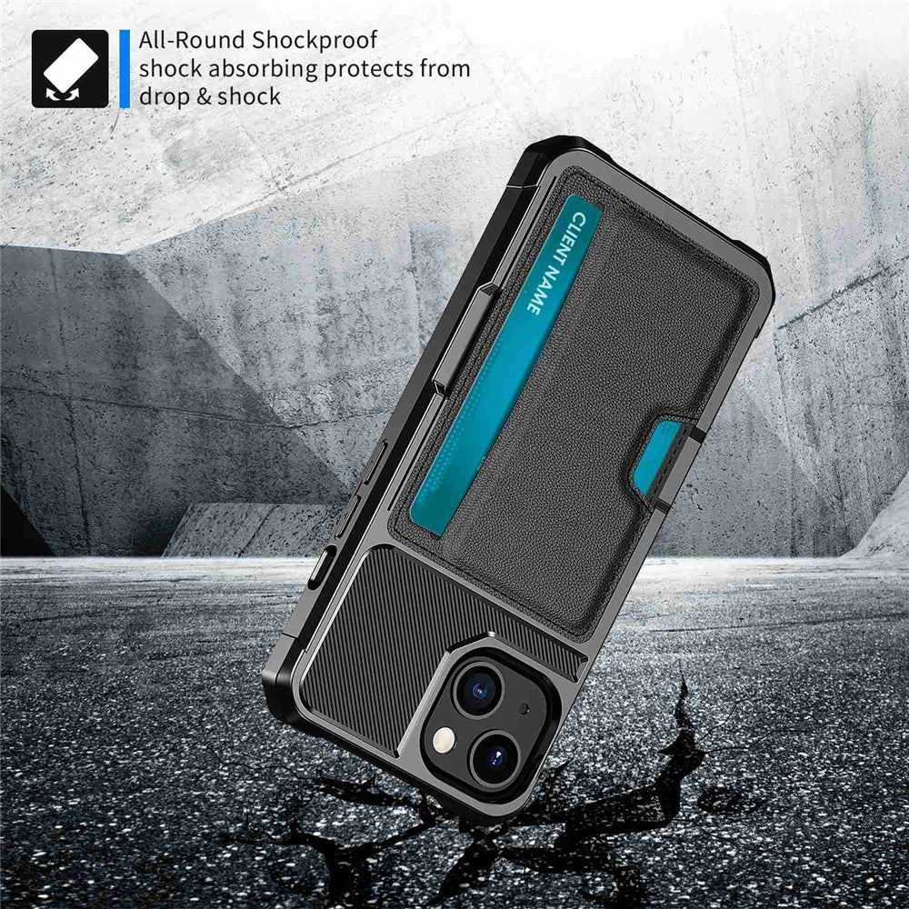 For iPhone 14 ZM02 Card Slot Phone Case Enhanced Corner PU Leather + TPU Cover with Car Mount Metal Sheet