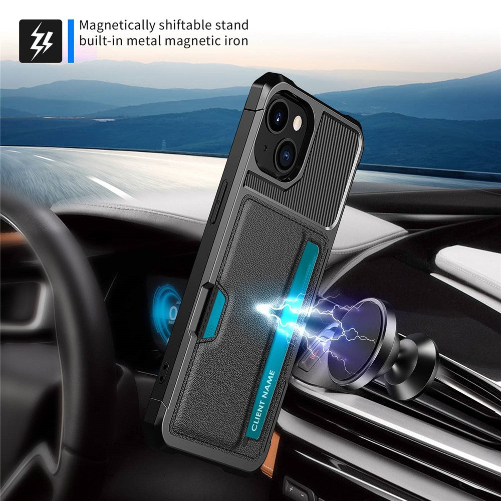 For iPhone 14 ZM02 Card Slot Phone Case Enhanced Corner PU Leather + TPU Cover with Car Mount Metal Sheet