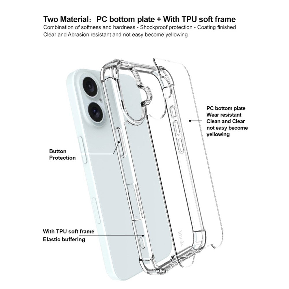 IMAK For iPhone 16 Clear Case Airbag Corners TPU Frame PC Back Cover