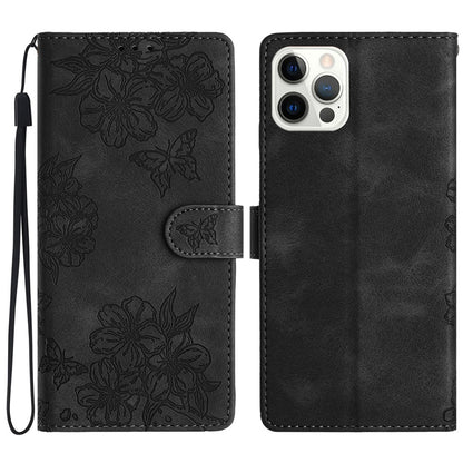 For iPhone 16 Pro Case Butterfly Flower Imprinted PU Leather Soft Skin-Touch Phone Cover