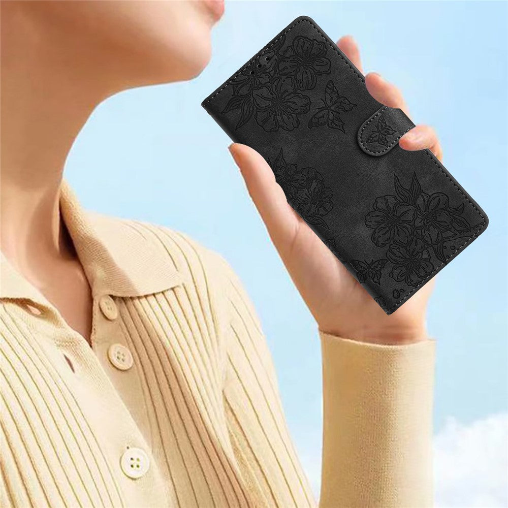 For iPhone 16 Pro Case Butterfly Flower Imprinted PU Leather Soft Skin-Touch Phone Cover