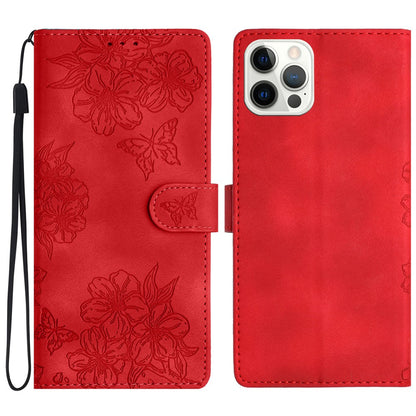 For iPhone 16 Pro Case Butterfly Flower Imprinted PU Leather Soft Skin-Touch Phone Cover