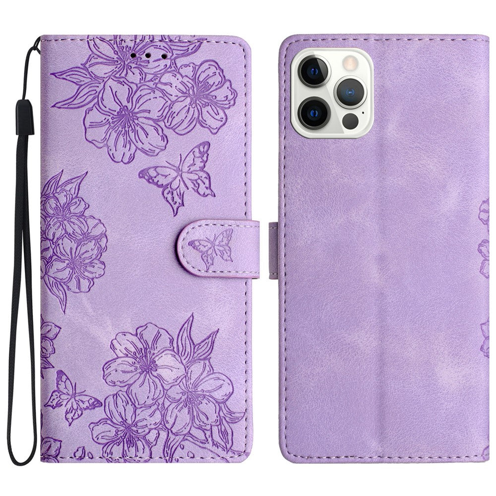 For iPhone 16 Pro Case Butterfly Flower Imprinted PU Leather Soft Skin-Touch Phone Cover