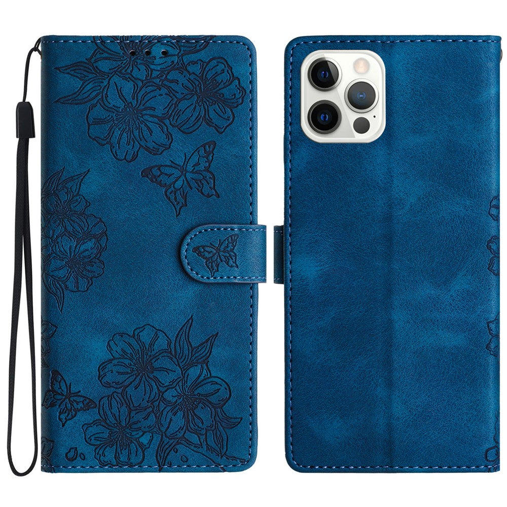 For iPhone 16 Pro Case Butterfly Flower Imprinted PU Leather Soft Skin-Touch Phone Cover