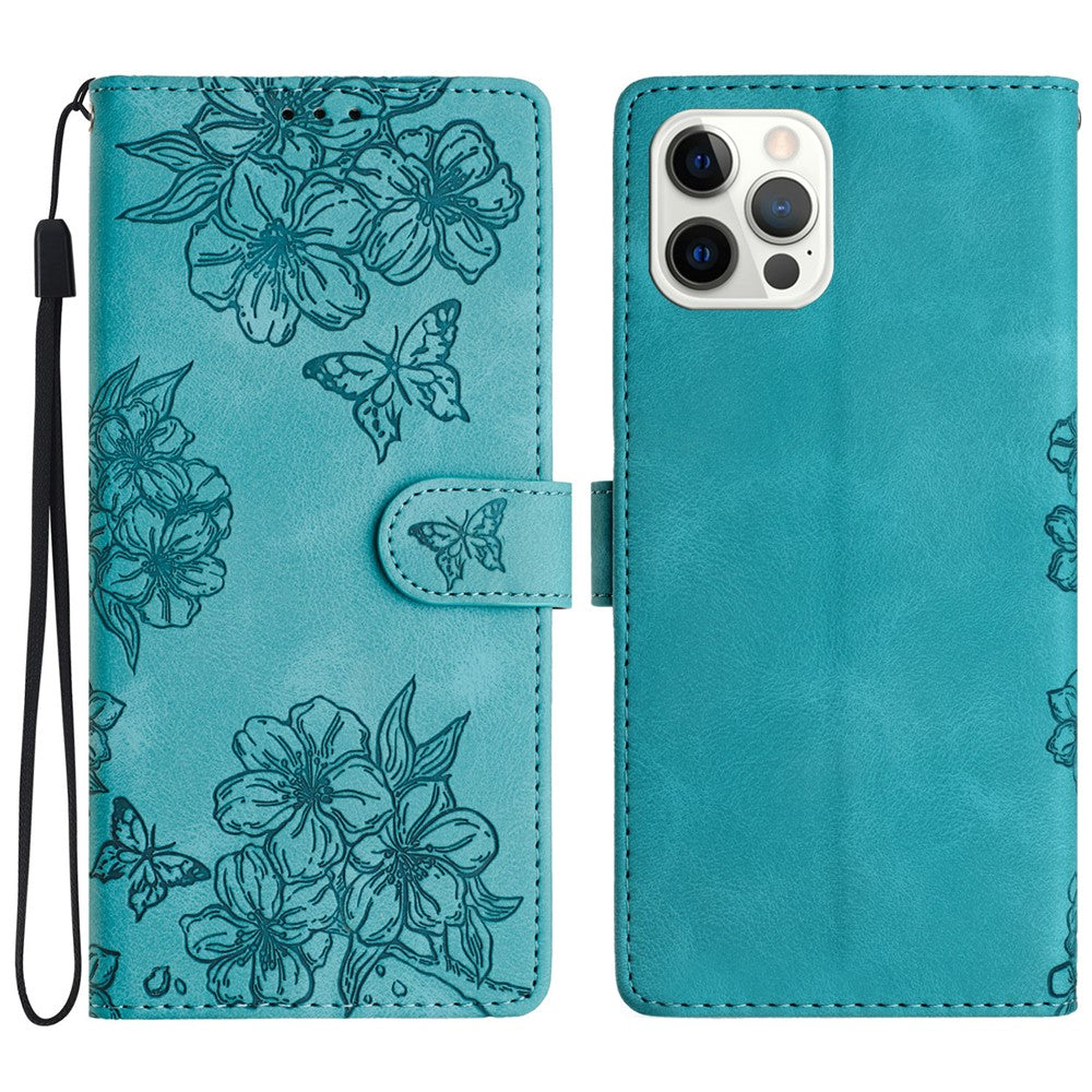 For iPhone 16 Pro Case Butterfly Flower Imprinted PU Leather Soft Skin-Touch Phone Cover