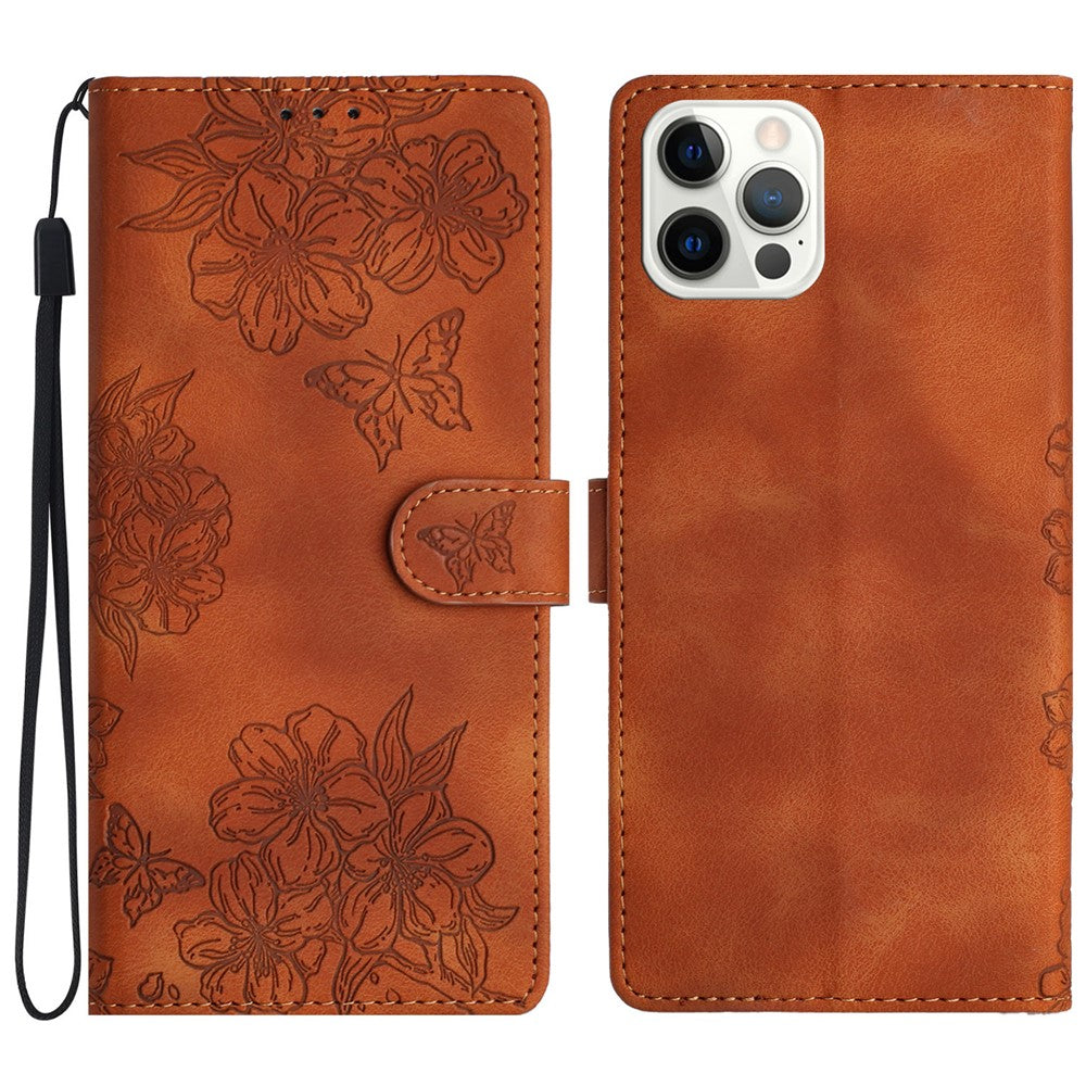 For iPhone 16 Pro Case Butterfly Flower Imprinted PU Leather Soft Skin-Touch Phone Cover