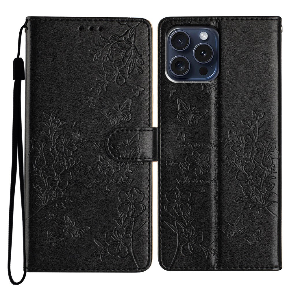 For iPhone 14 Pro Case Butterfly Floral Imprint Leather Wallet Phone Cover with Stand
