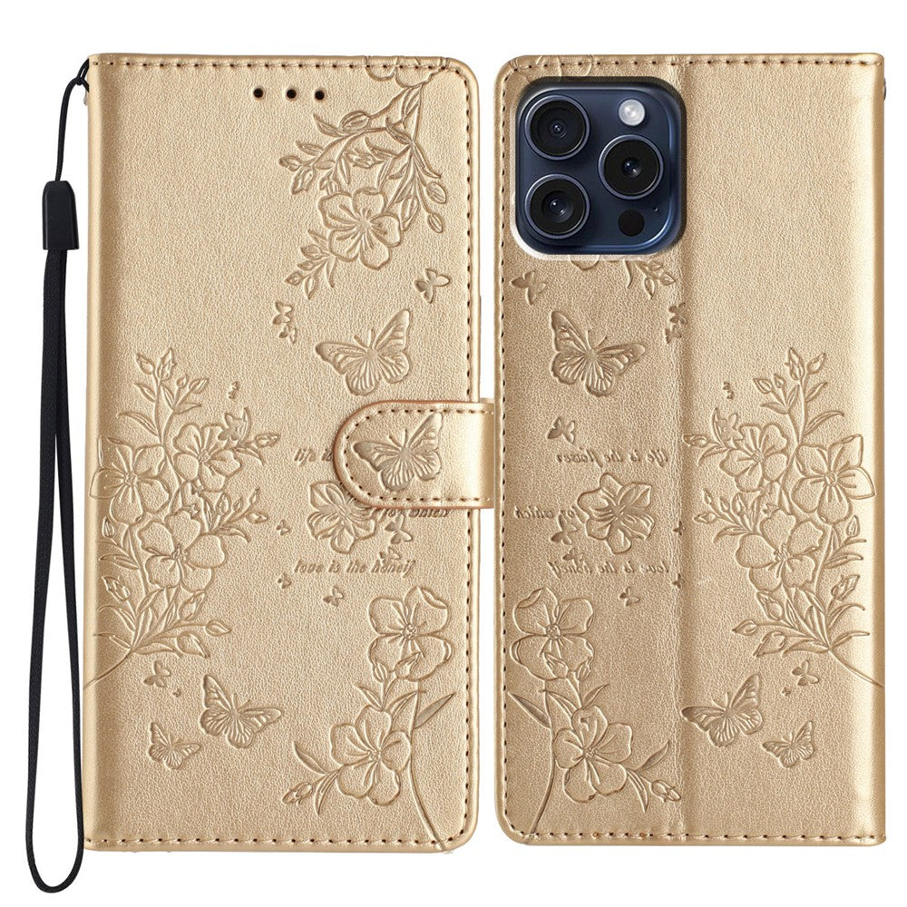 For iPhone 14 Pro Case Butterfly Floral Imprint Leather Wallet Phone Cover with Stand
