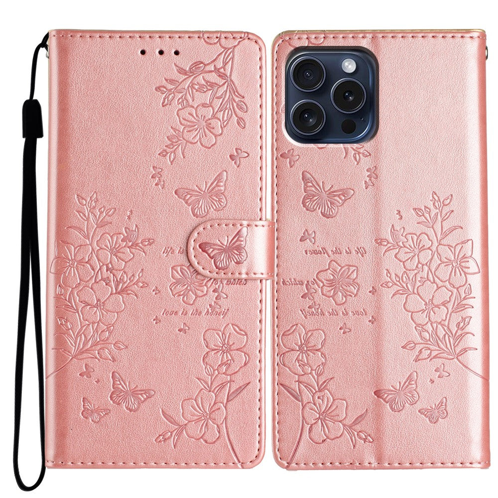 For iPhone 14 Pro Case Butterfly Floral Imprint Leather Wallet Phone Cover with Stand