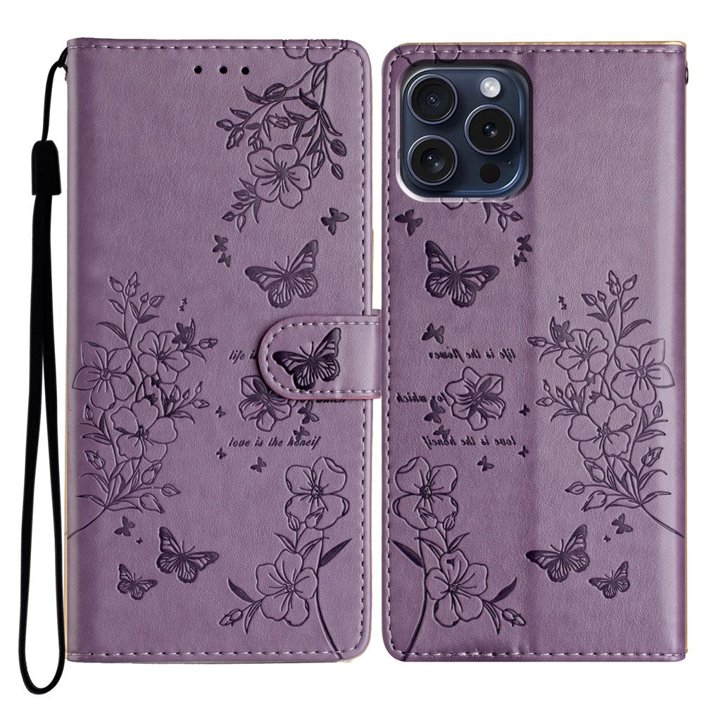 For iPhone 14 Pro Case Butterfly Floral Imprint Leather Wallet Phone Cover with Stand