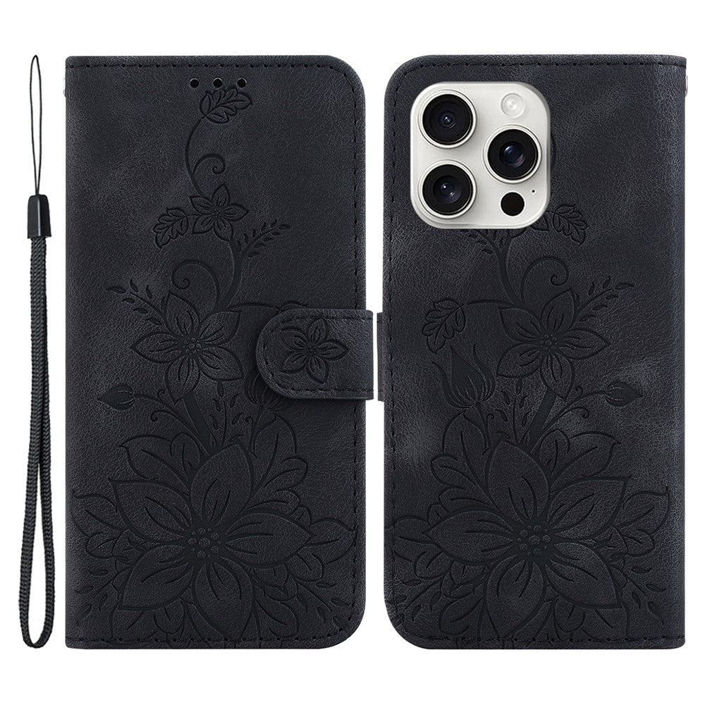 For iPhone 16 Pro Wallet Case PU Leather Phone Cover Flower Imprinted