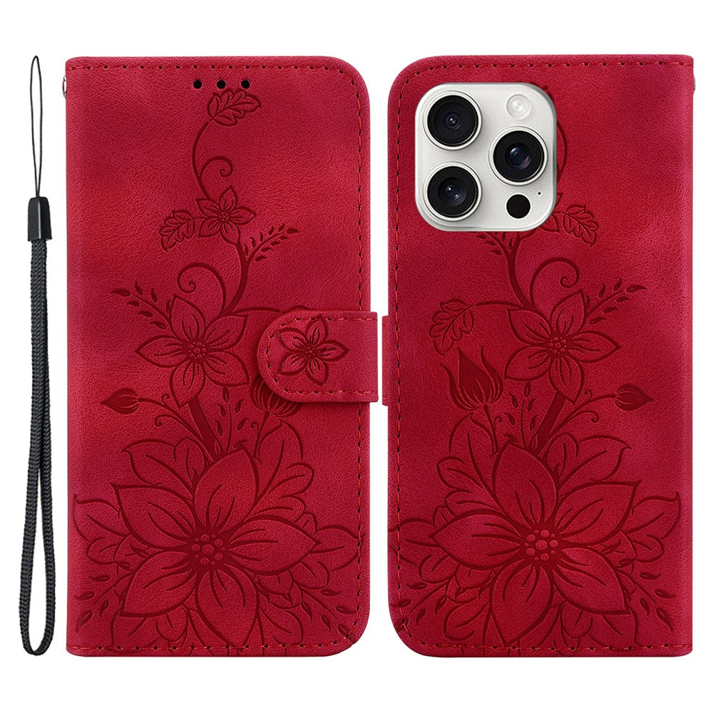 For iPhone 16 Pro Wallet Case PU Leather Phone Cover Flower Imprinted