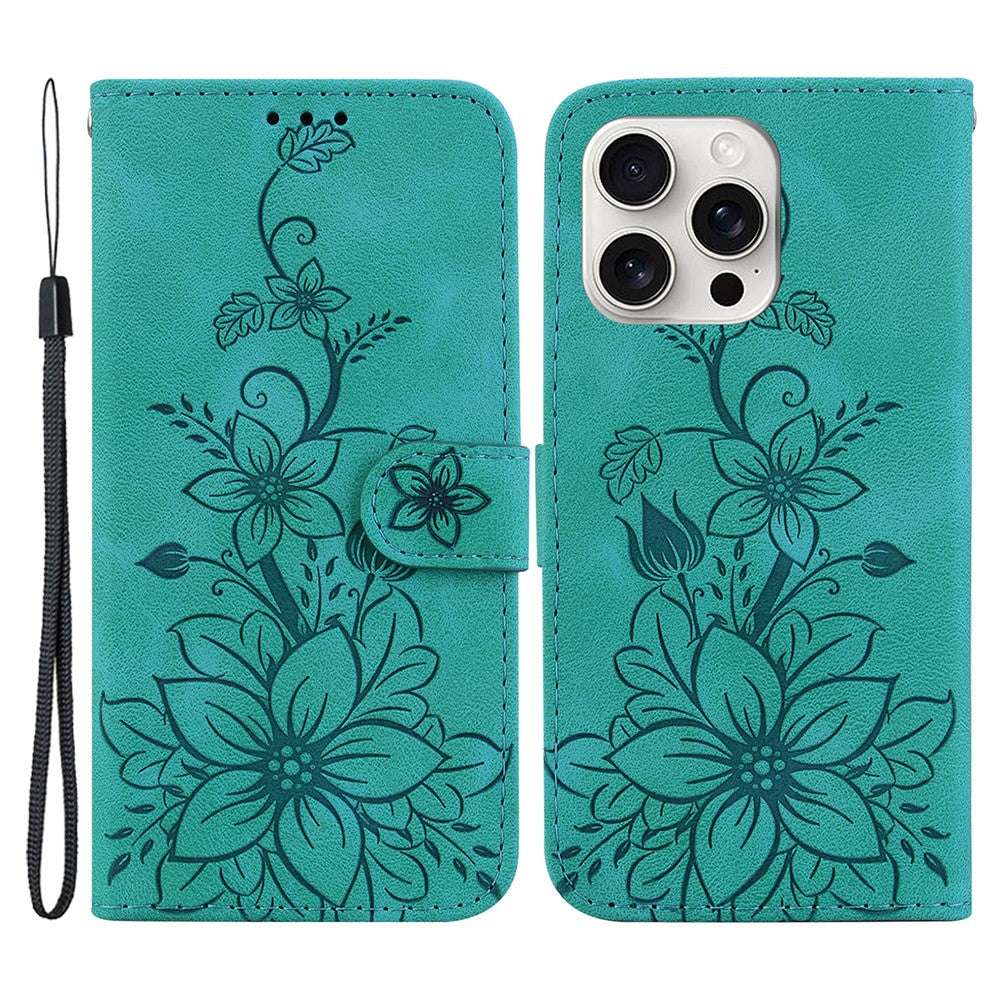 For iPhone 16 Pro Wallet Case PU Leather Phone Cover Flower Imprinted