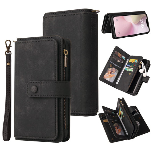 For iPhone 17e / 16e Zipper Wallet Case with 15 Card Slots and Strap Leather Phone Cover