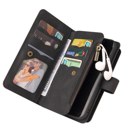 For iPhone 17e / 16e Zipper Wallet Case with 15 Card Slots and Strap Leather Phone Cover