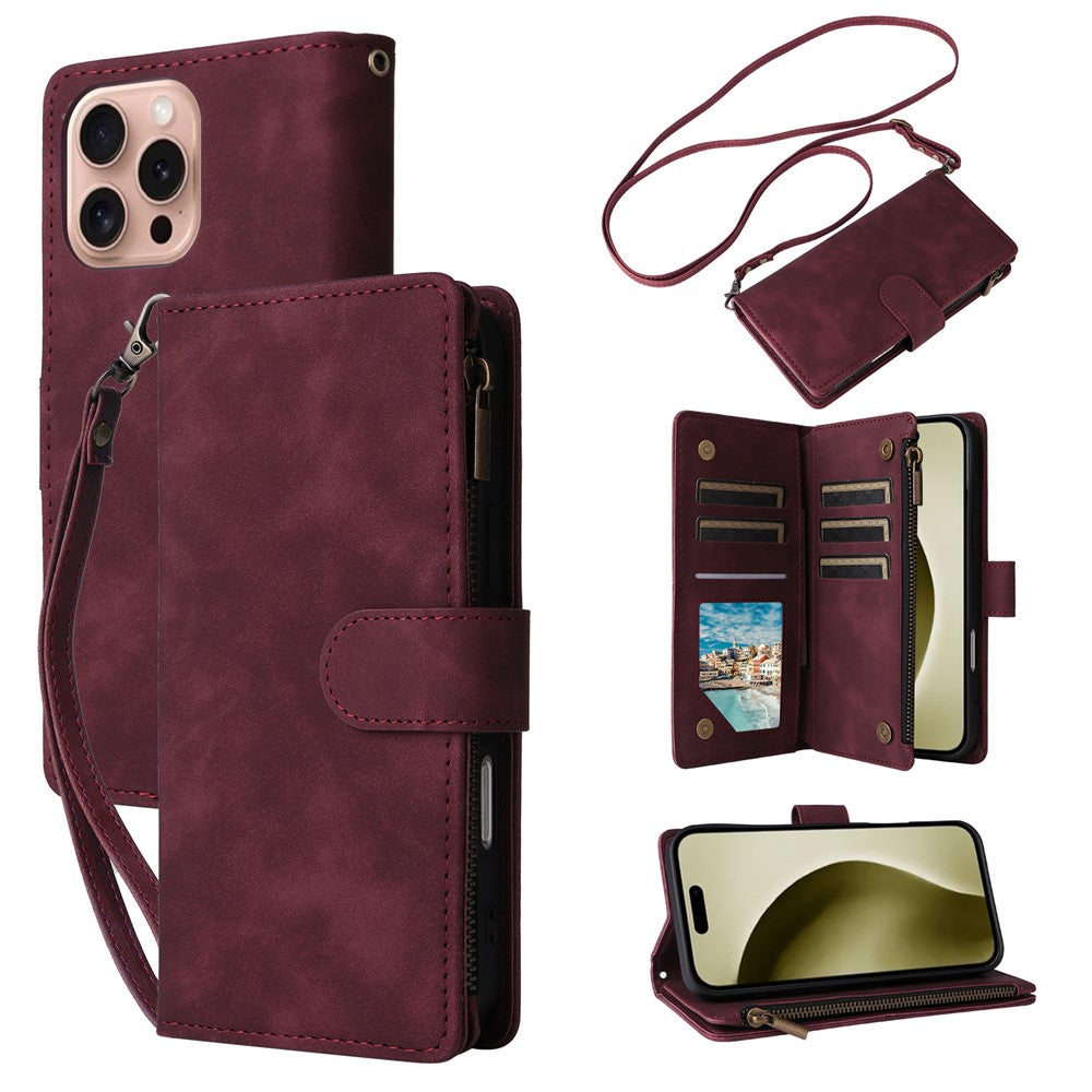 For iPhone 16 Pro Case Zipper Multi-Pocket Wallet Leather Phone Cover with Shoulder and Wrist Straps